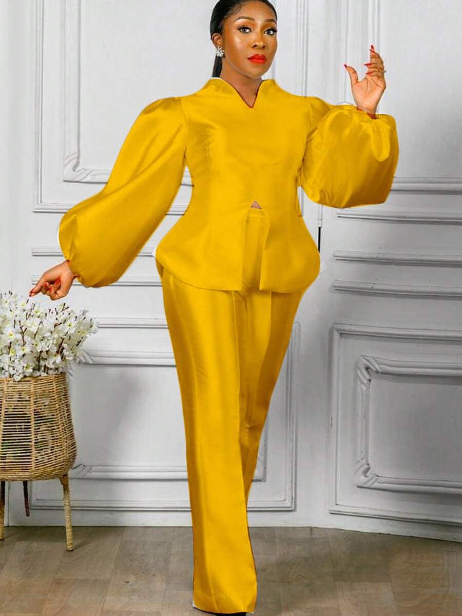 Conjunto de dos piezas: top de manga abullonada color liso y pantalones de pierna ancha - Amarillo - Ver 1