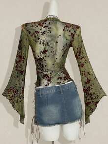 ICON Cárdigan transparente con mangas acampanadas y bajo asimétrico con estampado vintage para mujeres - Verde - Ver 2