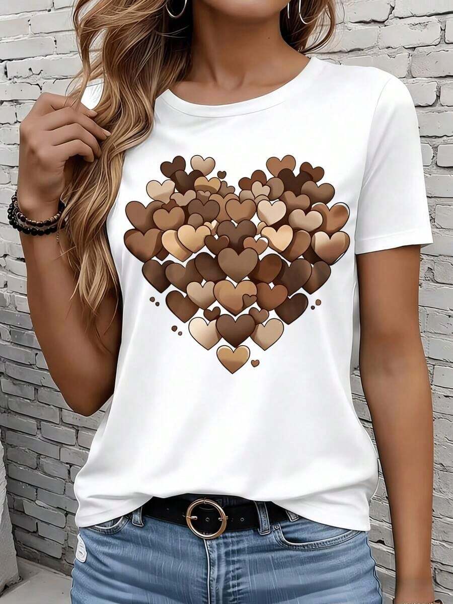 Women's Short-Sleeved T-Shirts In Black And White Are Suitable For Everyday Wear, Lounging At Home, And Outdoor Activities. This Women's White T-Shirt With A Heart Design Features A Round Neck And Brown Hearts, Making It A Fashionable Casual Top For Daily Use, A Great Gift For Parties Or Holidays. - 白色 - 查看 1