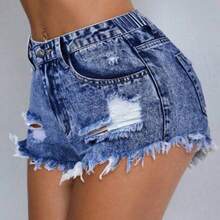 ICON Plus Size Fashion Casual Summer Versatile Distressed Denim Shorts - Azul lavado medio - Ver 1