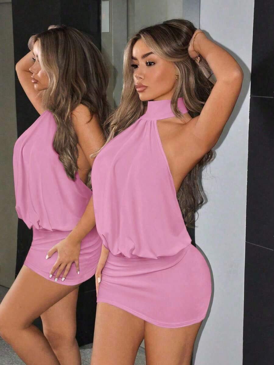 ICON Fitted Mini Dress With High Neck, Open Back And Ruffles - Pale Pink - View 1