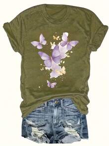 Plus Size Women's Plus Size T-Shirt With Purple Butterfly And Letter Print - Round Neck, Warm And Casual For Winter, Comfortable Casual Clothing For Plus Sizes, Cozy Machine Washable Blouse For Autumn And Winter - Olive - 查看 6