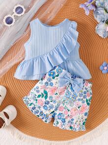 2pcs/Set Girls' Summer Outfit: Blue Striped Sleeveless Top With Ruffle Design And Ditsy Floral, Bowknot Decor Ruffle Hem Shorts, Casual Suit For Outdoor Wear - Baby Blue - View 1