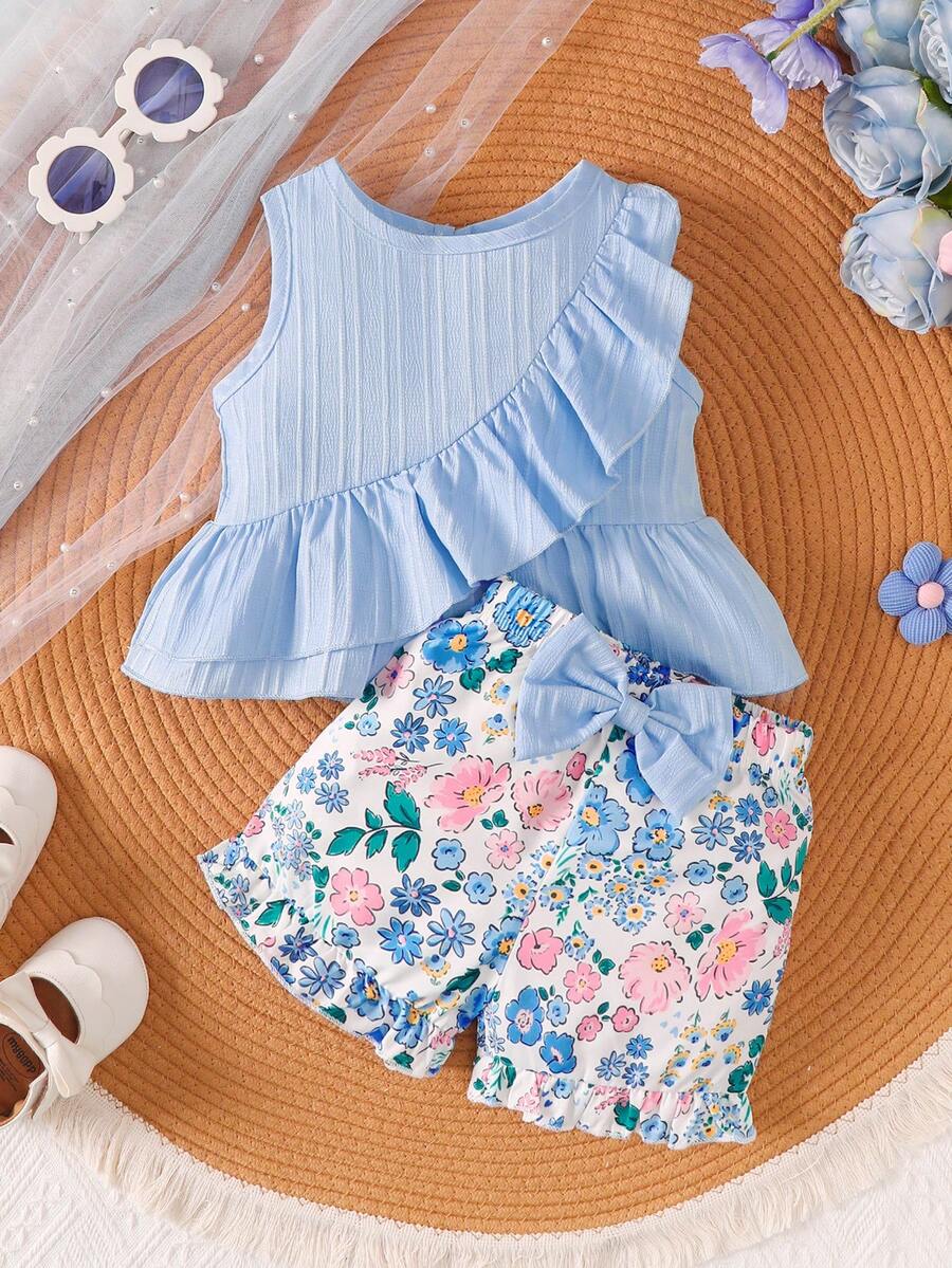 2pcs/Set Girls' Summer Outfit: Blue Striped Sleeveless Top With Ruffle Design And Ditsy Floral, Bowknot Decor Ruffle Hem Shorts, Casual Suit For Outdoor Wear - Baby Blue - View 1