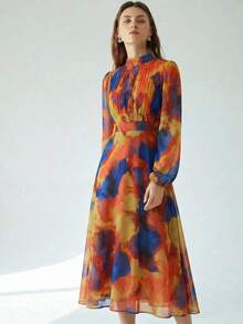 Vestido de manga larga con acento plisado en la cintura, de estampado de teñido anudado, elegante y versátil para uso diario, en azul y verde - Multicolor 3 - Ver 5