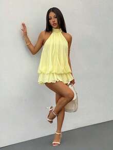 Vestido mini elegante de mujer de color amarillo claro con cuello halter y lazo, adecuado para fiestas, citas, otoño/invierno, primavera/verano - Amarillo - Ver 6