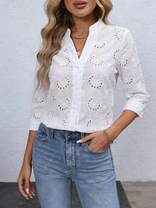 Blusa de mujer con bordado floral y cuello con muesca, manga 3/4.Tops de manga tres cuartos - Blanco 2 - Ver 4