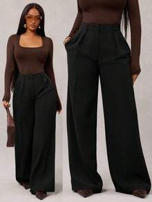 Pantalones anchos de pierna ancha de color café oscuro de moda minimalista para mujeres, pantalones de tela marrón de pierna ancha para el trabajo, pantalones de tiro alto de pierna ancha marrón para mujeres, pantalones de traje marrón para otoño/invierno - Negro - Ver 5