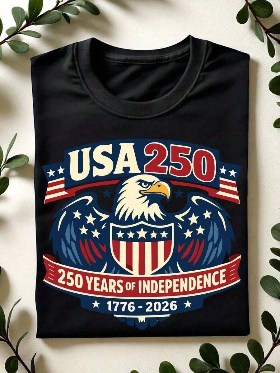 Crew Neck T-Shirt, 250th Anniversary Of US Independence T-Shirt, 250 Years Of Independence T-Shirt, 1776-2026 T-Shirt, Short Sleeve T-Shirts For The 4th Of July, Patriotic Gift, T-Shirts With The US Eagle - 黑色 - 查看 1