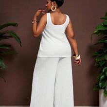 Slayr 2025 New Spring/Summer Plus Size Women's Vintage Western/Tropical/Music Festival/Club/Road Trip/Casual Street/City Vacation/Graduation Date/Elegant Vacation 2-Piece Set - Loose Sheer Textured Fabric U-Neck Sleeveless Tank Top With Elastic Waist Palazzo Pants - Azul menta - Ver 3