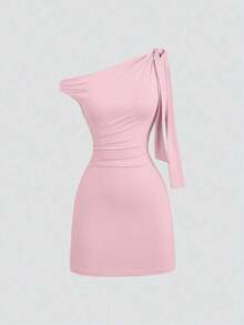 Vestido mini elegante francés de mujer con volantes asimétricos en el hombro, ceñido al Body, que estiliza la silueta - Rosa - Ver 7