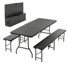 1.8m Folding Picnic Table With 2 Benches, 3 Piece Camping Set, HDPE Tabletop With Tree Print, Safety Lock, UV And Water Resistant, Black. - Black - View 2