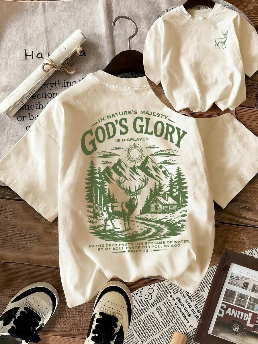 Camiseta Oversize de Fe Cristiana para Mujer, Cómoda Camiseta de Cuello Redondo con Gráfico de Ciervo de Montaña y la Frase "Gloria de Dios" y Versículo del Salmo 42:1, Ropa Urbana de Estética Religiosa Viral en , Ideal para Iglesia, Senderismo, Reuniones Familiares y Uso Diario Casual de Verano - Albaricoque - Ver 1