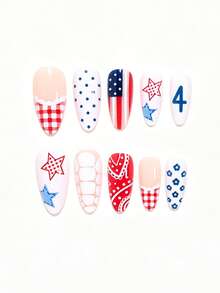 Instantly Upgrade Your Look With 24pcs Medium Almond Shape Press On False Nails Vintage Country Style Red And White Color Blocked Checkered Pattern With Off White Lace Trim Fresh And Playful Dark Blue Floral And Polka Dot Design Press On Nails - Multicolor - View 4