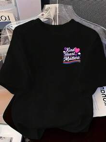 Camiseta de Mujer con Eslóganes de Amabilidad y Amor - Estampado Frontal y Trasero, Manga Corta con Diseño de Corazón, Blusa Casual de Cuello Redondo para Primavera Verano, Camiseta Lavable a Máquina con Temática de Amor y Amabilidad para Atuendos de Todas las Temporadas, Camiseta Y2k - Negro - Ver 3