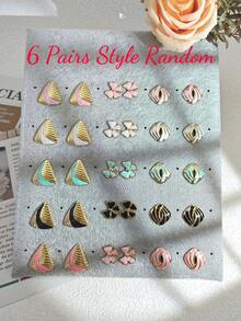 1/6 pares de pendientes de acero inoxidable para mujer, estilo vintage europeo y americano, impermeables, hipoalergénicos, sin decoloración, con diseños geométricos de triángulo, flor de cuatro pétalos, espiral redonda y esmalte de gota de aceite multicolor, múltiples estilos, joyería para mujer, a juego con camisola y vestido, adecuados para vacaciones y regalo del Día de San Valentín - Multicolor - Ver 10