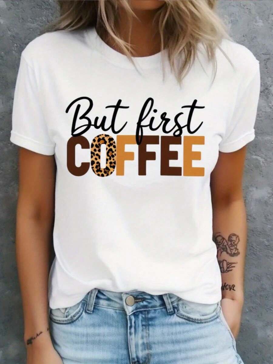 Leopard Print T-Shirt With 'But First Coffee' For Women, Short Sleeve Summer White Collar, Comfortable And Fashionable, Ideal For Halloween Or Christmas Gifts - 白色 - 查看 1