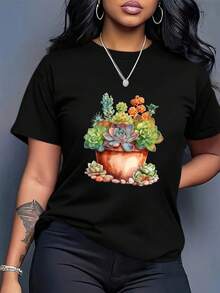 OversizeCamiseta holgada de talla grande para mujer - Camiseta de verano transpirable de manga corta, estampada con diseños de cactus y plantas suculentas, camiseta blanca casual de cuello redondo, un artículo imprescindible para primavera y verano, tela cómoda y suave, material ligero, una opción de ropa moderna y a la moda. - Negro - Ver 3