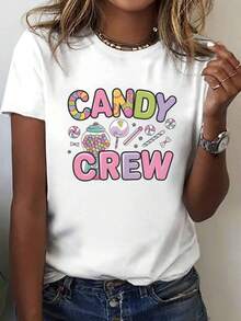 Camiseta casual de mujer 100% algodón, diseño estilo caramelo, patrón geométrico, cuello redondo, manga corta, longitud regular, adecuada para todas las estaciones. Material: 95% y 5%, pesa 6.35 onzas por metro cuadrado. Ropa Casual de Uso Diario - Blanco - Ver 1