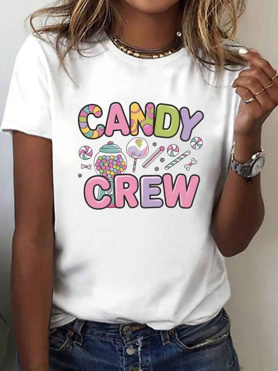 Camiseta casual de mujer 100% algodón, diseño estilo caramelo, patrón geométrico, cuello redondo, manga corta, longitud regular, adecuada para todas las estaciones. Material: 95% y 5%, pesa 6.35 onzas por metro cuadrado. Ropa Casual de Uso Diario - Blanco - Ver 1