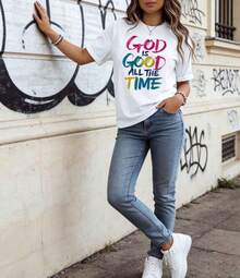 Playera de mujer 100% algodón manga corta con frase "Dios es bueno siempre", estilo casual juvenil, cuello redondo, transpirable para verano, modelo versátil - Blanco - Ver 2