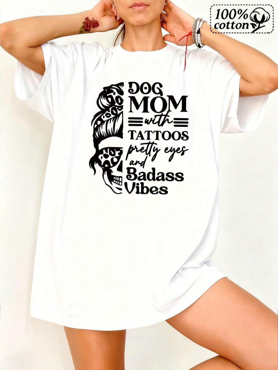 Modara Women's T-Shirt | White Front Print Dog Mom With Tattoos, Cute Eyes, And Bad Vibes Skull Design | Comfortable And Casual Dress For Everyday Outings And Cashier Style - 白色 - 查看 1