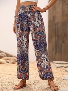 Pantalones jogger con estampado de paisley de cintura fruncido - Multicolor 9 - Ver 4