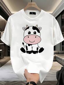 Camiseta Blanca con Estampado de Vaca - Estilo Casual Simple - 100% Algodón Puro - Suave y Cómoda, Cuello Redondo, Manga Corta, Top de Moda Urbana para Todas las Temporadas, Ropa Casual de Calle| Camiseta de Cuello Redondo Y2k - Negro - Ver 1