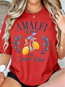 Women's Fall Amalfi Italy Lemon Graphic Tee, "AMALFI ITALY Social Club" Print, 180g Soft Slightly Stretch Cotton Round Neck Short Sleeve Casual Top - 紅色 - 查看 6