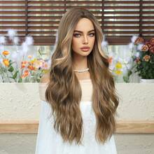 [Velvet Locks]Peluca Lolita Negra para Mujeres, Peluca Larga con Ondas Corporales, Peluca Sintética Resistente al Calor, Peluca Rizada de 28 Pulgadas/70cm con Flequillo, Peluca de Cosplay para Uso Diario y Fiestas - Caqui - Ver 5