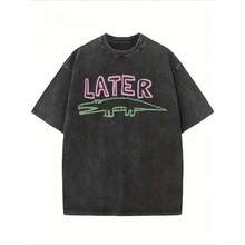 Camiseta gráfica para mujer con estampado de "Later Gator" sarcástico - Corte holgado unisex, efecto desgastado, transpirable, cuello redondo, manga corta, ropa casual para fiestas y vacaciones. - camiseta negra lavada - Ver 4