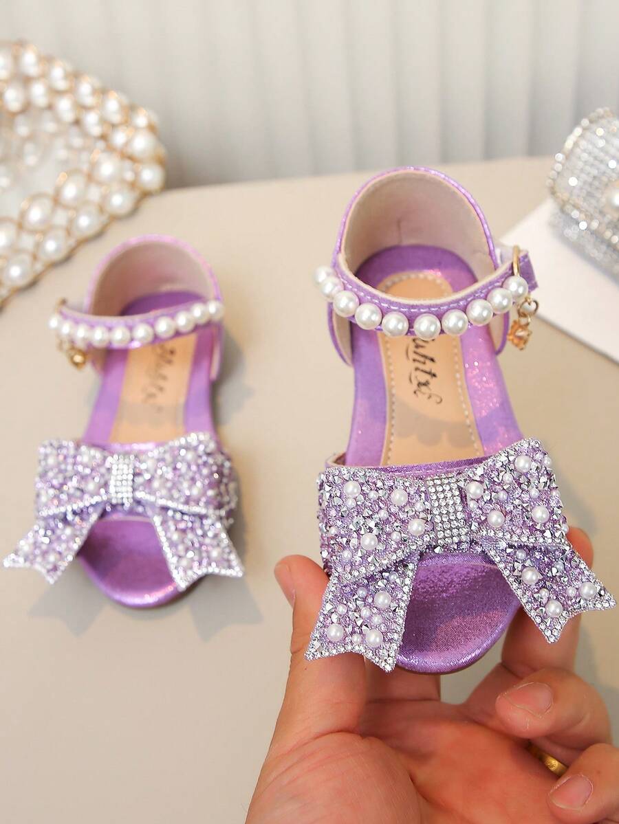 1 Pair Children's Sandals With Rhinestone, Pearl, Bow Decor, PU Patchwork Round Toe, Suitable For Daily Wear, Dance, Outdoor, Festivals, Parties, Glitter Princess Shoes, Fit For Spring, Summer, Autumn - Purple - View 1