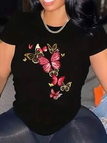 Camiseta de algodón de manga corta para mujer, camiseta casual de manga corta con cuello redondo - Estampado de mariposas en rosa brillante, top ligero semitransparente, adecuada para primavera y verano, lavable a máquina. - Negro - Ver 4