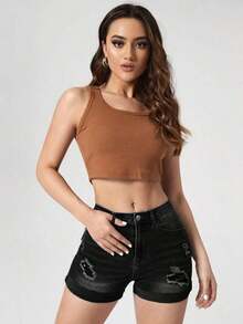 Shorts en mezclilla desgarro bajo de doblez - Negro - Ver 4