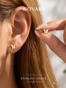1 đôi bông tai đính đá tròn, bạc sterling 925, thiết kế họa tiết đá tròn nghệ thuật, chế tác độc đáo, bông tai thời trang. - bông tai bướm - Xem 4