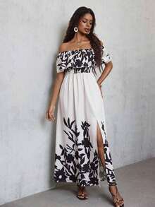 MEXBreezaya Vestido largo de hombros descubiertos con abertura en el muslo con estampado de plantas para vacaciones de verano, atuendo de playa de maxi vestido para mujeresMEX JXNW - Multicolor 11 - Ver 6