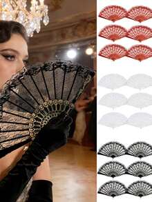 5pcs Lace Retro Folding Fans, Suitable For Gothic Theme Parties, Birthday Parties, Wedding Parties, Stage Props, And Photography Props - One Size Fits All - View 1