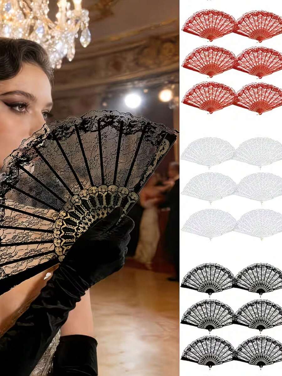 5pcs Lace Retro Folding Fans, Suitable For Gothic Theme Parties, Birthday Parties, Wedding Parties, Stage Props, And Photography Props - One Size Fits All - View 1