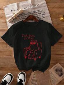 1 camiseta de talla grande para mujer, con la frase en español "Está bien, ya he llorado lo suficiente", con un gráfico de un gato con gafas de sol en forma de corazón sentado en una silla y tomando café. Camiseta casual de manga corta con cuello redondo, adecuada para primavera, otoño, verano, ideal para el Día de San Valentín y la vuelta al cole. Camiseta de talla grande para mujer, ropa de vacaciones, Día de San Valentín, top, verano, ropa de talla grande para mujer, Día de San Valentín. Blanco 180g 100% Algodón - Negro - Ver 5