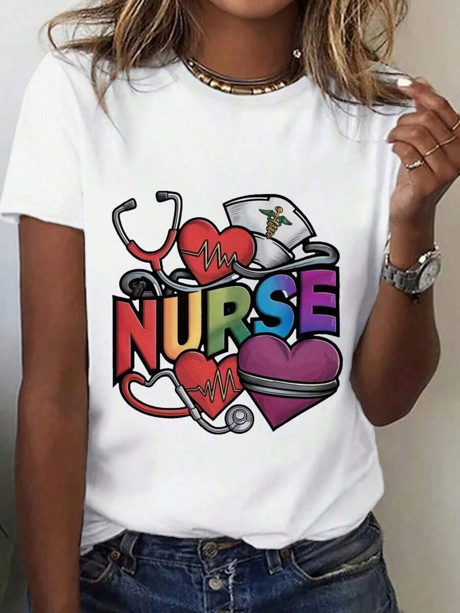 Camiseta Vintage Cómoda y Transpirable para Mujer con Estampado de Estetoscopio y Corazón de Enfermera, Manga Corta, Cuello Redondo, Ideal para Uso Casual, Regalos para Enfermeras.