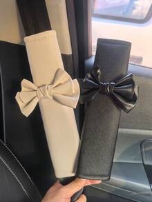 2件套汽车安全带皮革肩垫套，可爱蝴蝶结装饰汽车配件，女士汽车内饰装饰套装 - A - 查看 5