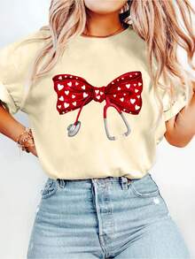 Nurse-Style Valentine's Day Print T-Shirt, Casual Short-Sleeved Crew Neck Top For Summer, Women's Clothing. X1NV - 杏色 - 查看 1