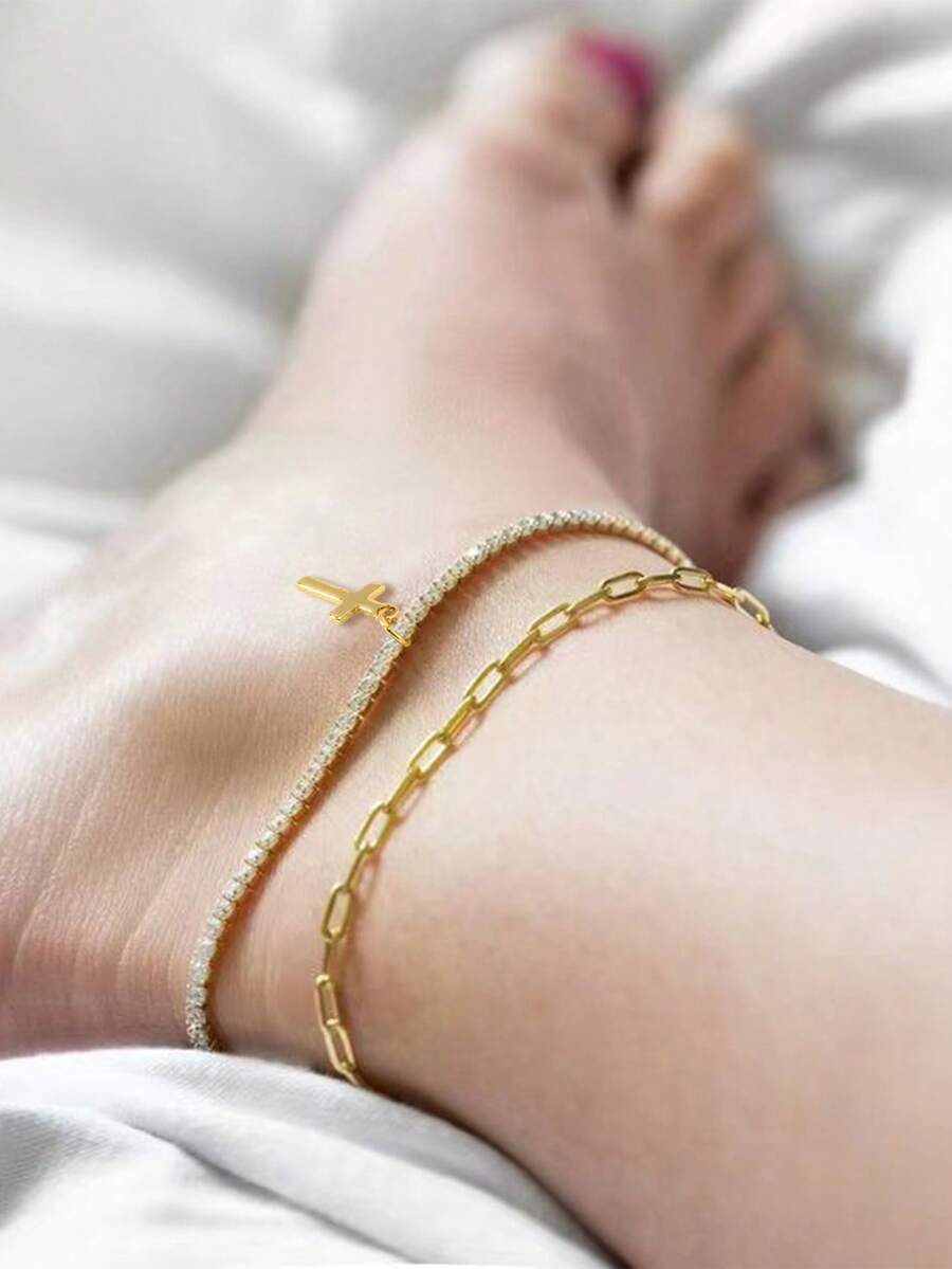 2pcs/Set Fashion Creative Gold-Tone Safety Pin Chain, Cross & Cubic Zirconia Anklet Jewelry - Yellow Gold - View 1
