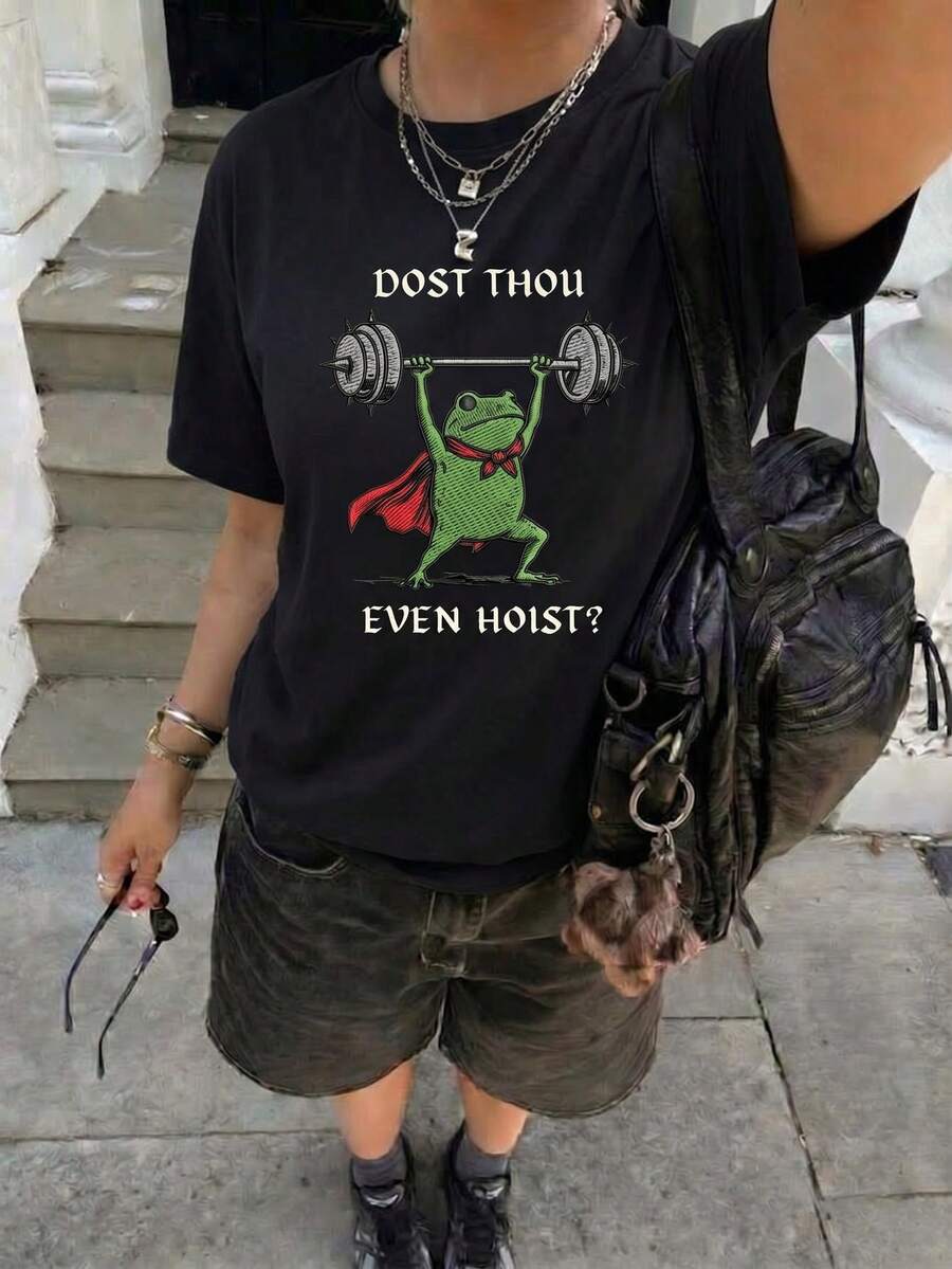 Women's Round Neck Printed Short Sleeve T-Shirt, Casual Loose Fit, Super Soft & Comfortable Fabric, Ins Street Fashion Style, Classic All-Match Graphic Tee, Breathable Lightweight Daily Basic Top, Perfect For Daily Wear, Casual Vacation, Office Commute, Outdoor Going Out, Weekend Gathering, Shopping And Leisure Activities, Ladies Oversized Casual Pullover T-Shirt - 黑色 - 查看 1