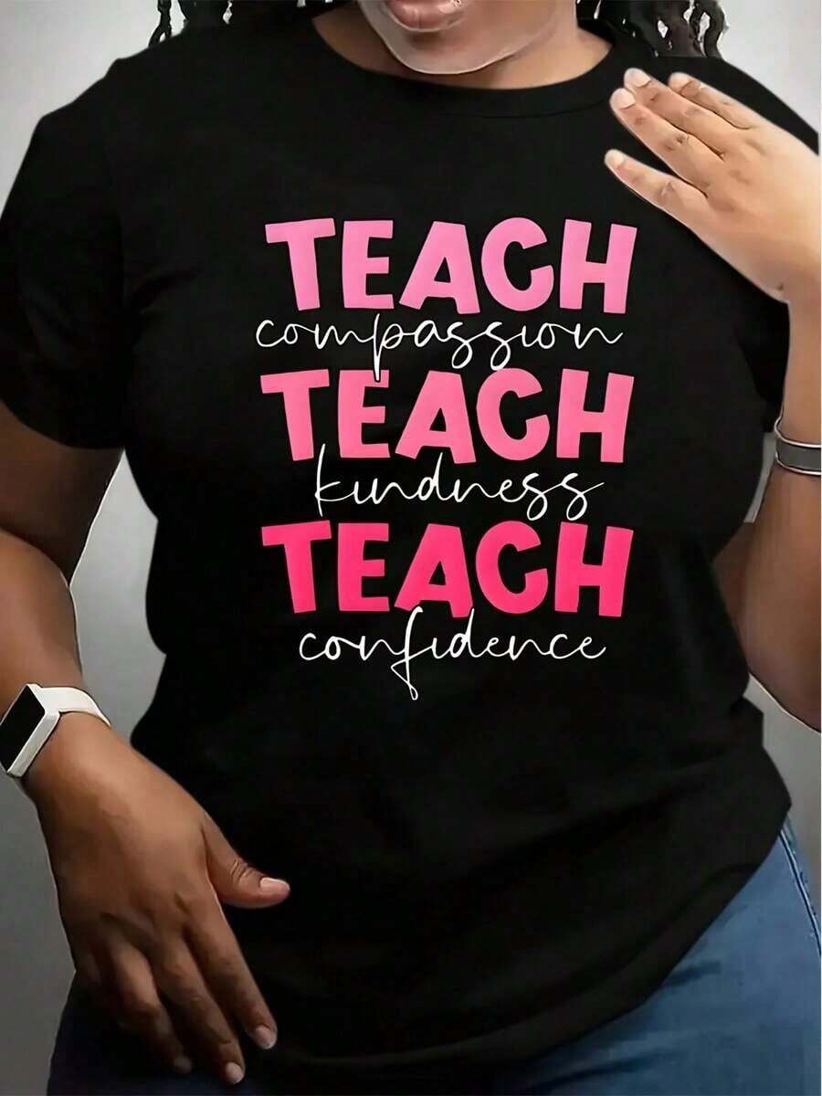 Camiseta Blanca con Estampado "Enseña Compasión, Enseña Amabilidad, Enseña Confianza" para Maestros y Educadores - Negro - Ver 1