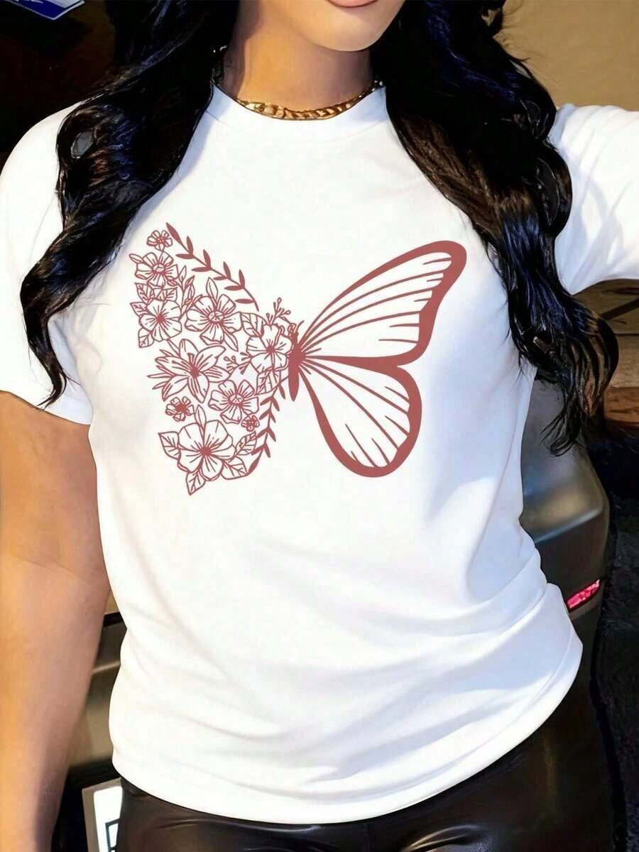 Designed For Modern, Stylish, And Comfortable Women. This Women's Casual Summer Blouse Features A Round Neck, Short Sleeves, And A Vibrant Butterfly Floral Print. The H-Shaped Silhouette Is Breathable, Hand Wash Only, And Includes A Butterfly Appliqué. Made From Premium Soft, Breathable Fabric, It's Designed For All-Day Comfort And Versatile Everyday Wear, Perfect For Casual Outings. - trắng - Xem 1