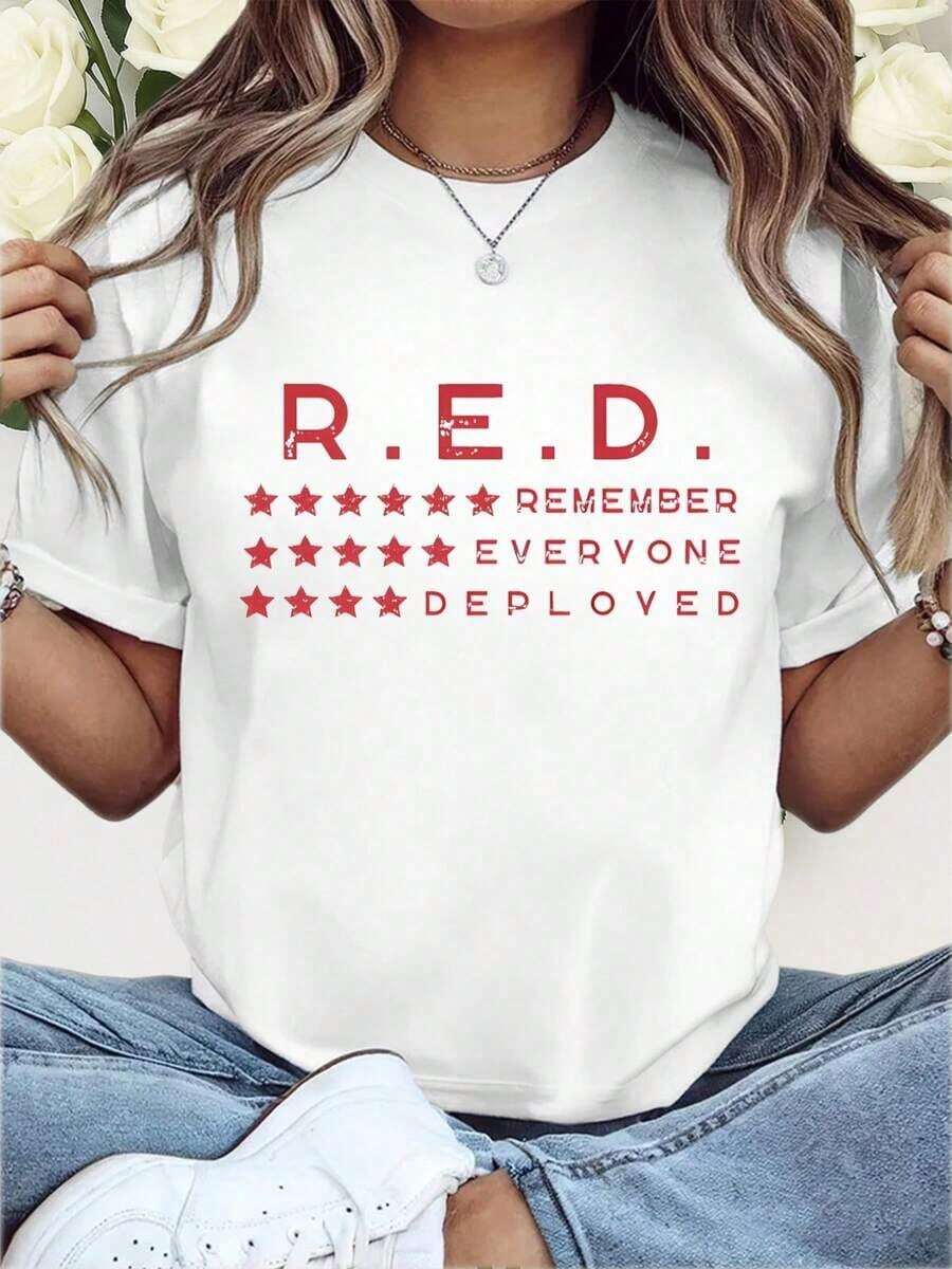 Talla Grande - Camiseta "Viernes en Rojo: Recordemos a Todo el Personal Desplegado", Viernes Rojo, Camiseta de Conmemoración RE, Top Holgado de Moda para Mujer, Cómodo para Uso Diario, Adecuado para Actividades Casuales, Transpirable y Ligeramente Elástico, Lavable a Máquina 2026 - Blanco - Ver 1