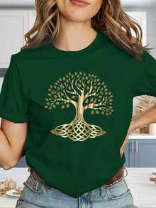 Women's High-Quality, Comfortable And Stylish T-Shirt, Y2K Style, With Geometric Logo Print "Golden Celtic Tree Root System" - Slim Fit Short Sleeve T-Shirt, Black And Gold, Casual Summer Wear, Machine Washable Stretch Fabric (Wrinkle-Resistant), Suitable For Casual And Layering Wear, New 2026 Collection - 100% Breathable Cotton - 綠色 - 查看 12