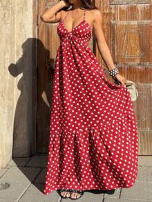 Vestido maxi con escote en V profundo, cuello halter, espalda descubierta y cintura con lazo, con lunares negros, estilo sexy y elegante europeo y americano, adecuado para primavera/verano y vacaciones en la playa - Multicolor 5 - Ver 10