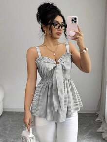 Nueva camiseta informal de primavera/verano para mujer, diseño de moda con tirantes de lazo, acento de lazo, a rayas azul y blanco, que ciñe la cintura, sexy y favorecedora, versátil para uso diario y citas - Negro - Ver 5